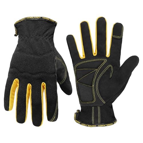 HANDLANDY Work Gloves Mens & Women, Utility Safety Mechanic Working Gloves Touch Screen, Flexible Breathable Yard Work Gloves (Medium, Black-Yellwo)