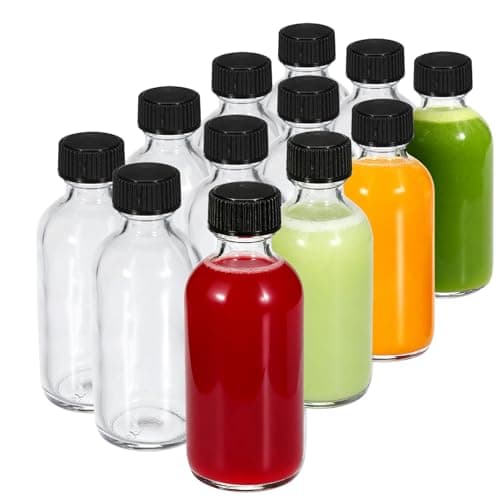 JohnBee 12-Pack 2 oz (60ml) Small Glass Boston Round Bottles with Lids