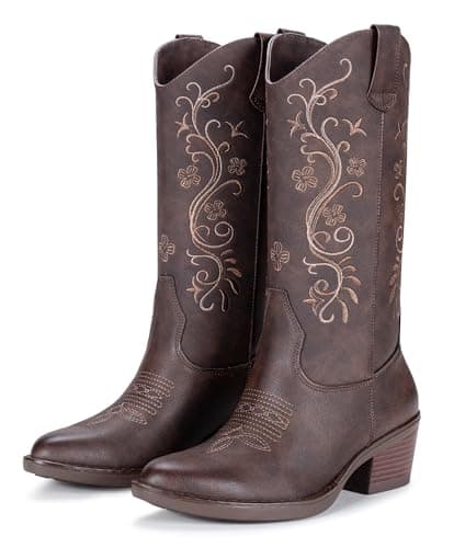 Vepose Women's Whisky Cowboy Boots Mid Calf, Floral Embroidered Western Cowgirl, Pointed Toe Low Chunky Heel Pull On, Botas Vaqueras, Walk Country Concert Dance Size 9.5, (CJY9802 whisky 09.5)