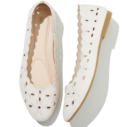 Shupua Women's Comfortable Dress Shoes Slip on Shoes Women Black Flats Round Toe PU Leather Flats Summer with Floral Eyelets(Beige.us6)