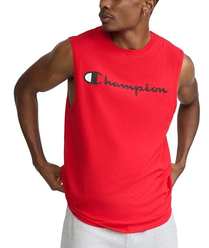 Champion Men's Classic Jersey Muscle Tee, Screen Print Script, Scarlet, Small