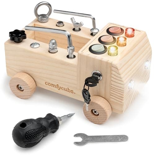 Comfy Cubs Busy Board Toy Truck Set - Fun & Noise-Free, Pine Wood Activity Board for Toddlers with LED Light Switch - Designed in the US, Focused & Engaging Montessori Play for Kids 3+ (Natural Wood)