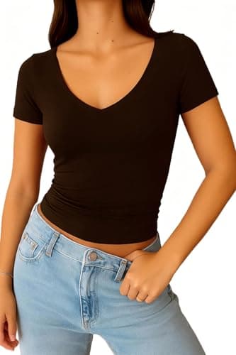 ForeFair Casual V Neck Short Sleeve Crop Tops for Women Going Out Summer Cute T-Shirts Double Line Basic Tees (Brown,S)