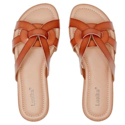 Luoika Women's Wide Width Flat Slides Sandals, Slip on Slide Sandal Casual Comfortable Summer Beach Shoes for Women. 902,Brown,12.5XW