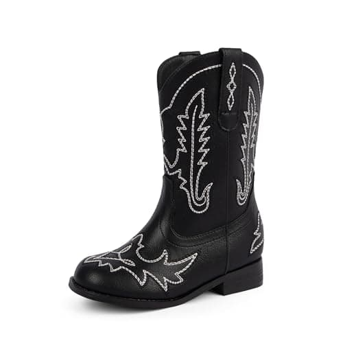Modatope Black Toddler Cowgirl Boots Cowboy Boots for Boys Black Western Boot Flat Pull On Round Toe Classic Embroidery Booties for Boys Horse Riding Party Little Boy Big Kid Big Kid 2