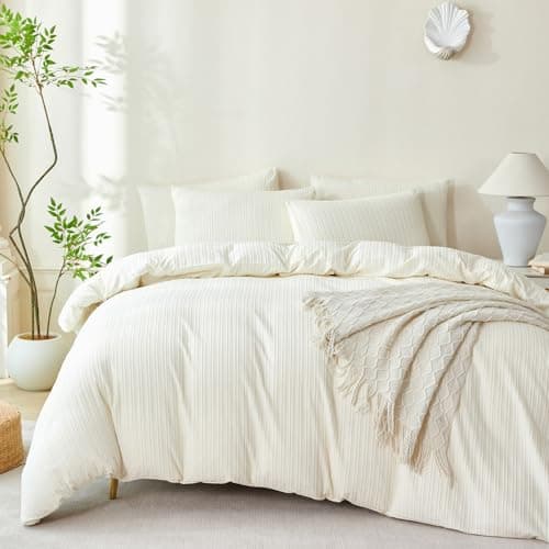 BUPIRD King Comforter Set Beige Striped 100% Soft Washed Microfiber Jacquard 3 Pieces King Striped Bedding Sets Beige Yellow Comforter for All Seasons and 2 Pillowcases Comfort Breathable