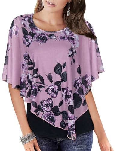 MOQIVGI Floral Blouses for Women Pink Fashion Dressy Casual Summer Flowy Shirts Scoop Neck Asymmetrical Poncho Style Tops Large