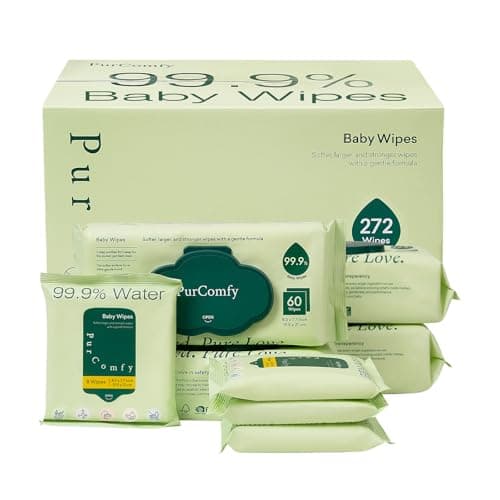 PurComfy Baby Wipes Unscented, 4 Flip-Top Packs + 4 Travel Pack