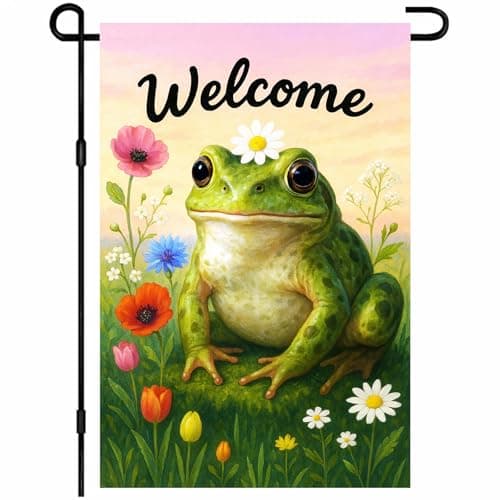 IVN Welcome Frog Garden Flag 12x18 Inch Double Sided Spring Garden Flags for Outside Cute Frog Flower Seasonal Yard Flag Outdoor Decor for Porch Lawn Patio Front Door Garden