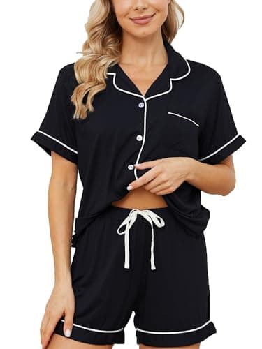 Yoolfine Womens Pajama Sets Short Sleeve Sleepwear Soft Button Down Nightwear Lounge Pj Set,Small,Black