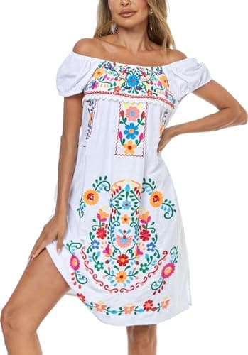 YZXDORWJ Women Mexican Dress Embroidered Casual Loose Bohemian Floral Dress Short Sleeve Off Shoulder Summer Beach Swing Dress (XXL, 527W)