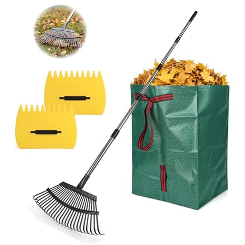 Rake for Leaves - 25 Tines Heavy Duty Metal Rake Set with Leaf Scoops & 53 Gallon Bag, Adjustable 67.5" Garden Rake, 3-in-1 Tool for Yard Pine Needle Grass Cleanup