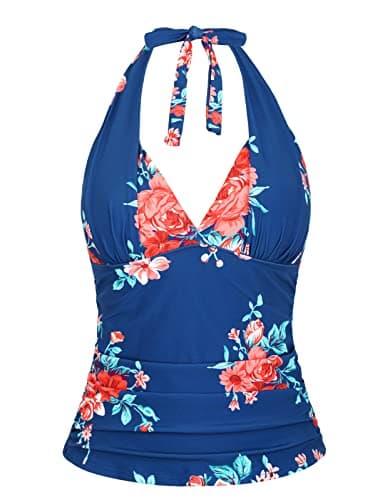Mycoco Halter Tankini Top for Women Swimwear Only V Neck Swimsuit Slimming Bathing Suit Tops(Navy&red Floral, 8)