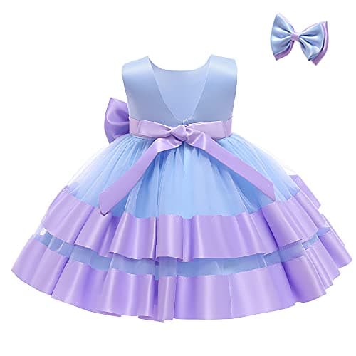 NSSMWTTC Baby Infant Bowknot Easter Dress Toddler Girls Tutu Gown Ruffles Christmas Formal Party Dresses Frocks (Blue+Purple,70)