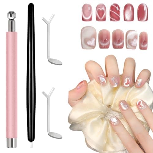 4Pcs Professional Cat Eye Magnet for Nails Kit with Heart Shaper Tool | 3-in-1 Nail Art Pen for Stunning French, Wide & Heart Designs | Black Bead-Attracting Pen for Home & Salon Use