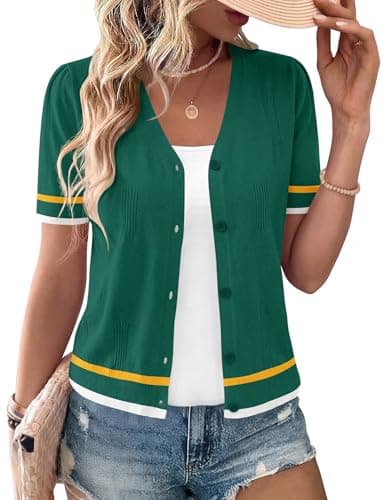 AKEWEI Shrugs for Women Short Sleeve Cardigan Sweaters Trendy Spring Tops Knit Teen Tops(Green Stripe,XXL)