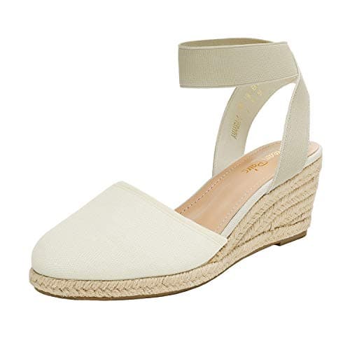 DREAM PAIRS Women's Elastic Ankle Strap Espadrilles Wedge Sandals,Size 5.5,Beige/White,AMANDA-1