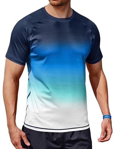 ERECT PEAK Men Rash Guard Vacation Gym Surf Active T-Shirt Stretchy Moisture Wicking Dri Fit UPF50 SPF Performance Wrinkle Free Short Sleeve Slim Fit Crewneck Rashguard Navy Light Blue White XL