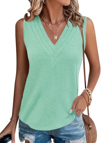 Cicy Bell Women V Neck Tank Tops Dressy Casual Summer Loose Fit Sleeveless Shirts Blouse B-Green