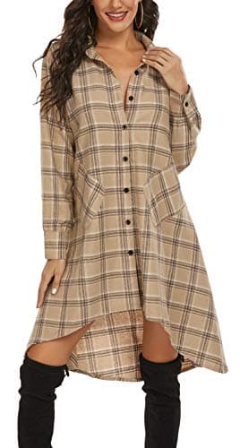 olrain Womens Plaids V Neck Long Sleeve Irregular Hem Casual Shirt Dress (Medium, Khaki)