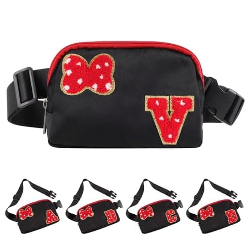Initial Letter Bow Mouse-Ear Fanny Pack for Teen Girls,Cute Chenille Belt Bag Crossbody Travel Waist Pack for Women&Kids,Personalized Gift for Theme Park,School & Travel, Birthday Christmas(V)