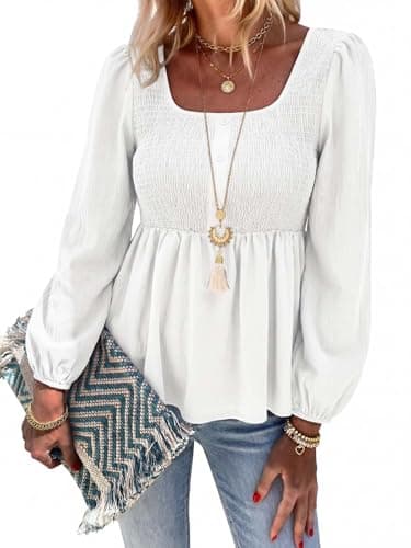 HEYTALALA Womens Peplum Tops Square Neck Smocked Puff Long Sleeve Blouses Babydoll Shirts 2025 Fall Dressy Casual Clothes White L