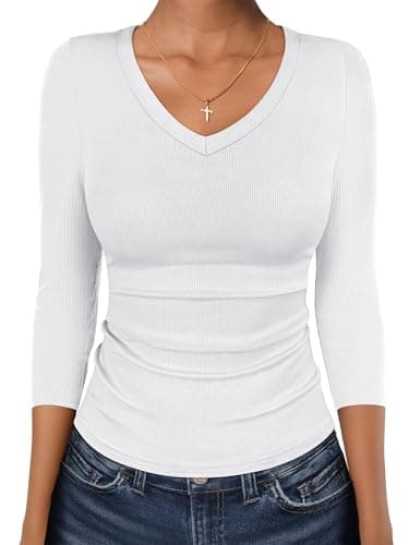 ANRABESS 3/4 Sleeve Shirts for Women V Neck Ribbed Knit Slim Fitted Tops Basic Tshirt 2026 Summer Casual Tees Trendy Outfits White XX-Large