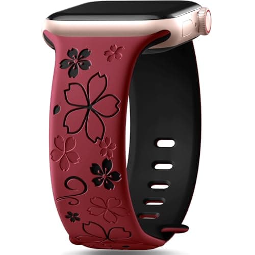 SNBLK Floral Engraved Band Compatible with Apple Watch Bands for Women 40mm 41mm 42mm 38mm 44mm 45mm 46mm, Soft Silicone Cute TwoTone Flower Sport Strap for iWatch Series 11 10 9 SE 3 8 7 6 5 4 2 1
