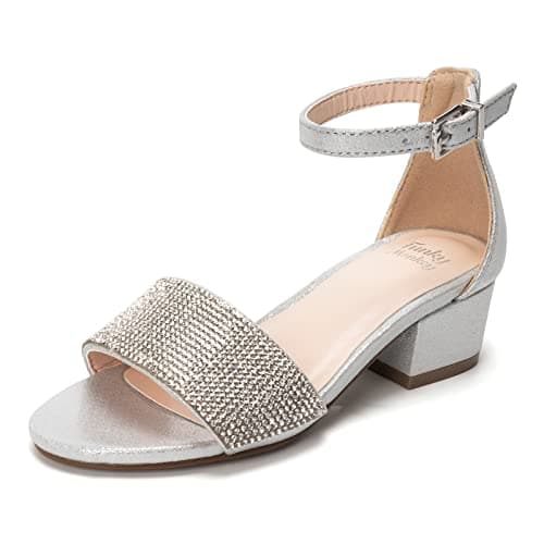 FUNKYMONKEY Girls Low Heels Sandals Open Toes with Ankle Strap Rhinestone Dress Shoes for Kids (13 Little Kid, Silver)
