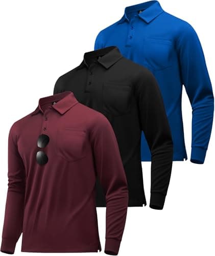 ZITY 3 Pack Long Sleeve Polo Shirts for Men with Pocket Moisture Wicking Outdoor Workwear Office Casual Collared Shirts Fall, Black+Wine Red+Royal Blue M