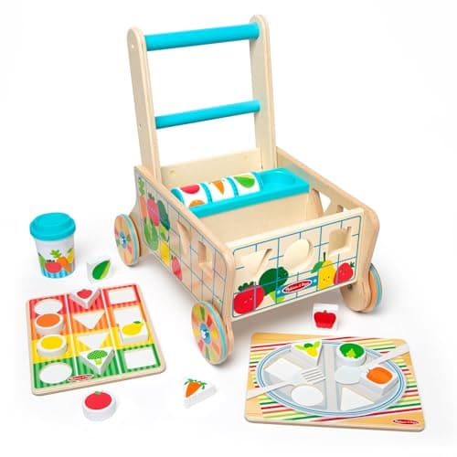 Melissa & Doug Wooden Shape Sorting Grocery Cart - Toddler Toys with 12 Blocks, Puzzle Board and Coffee Cup for Pretend Play and Montessori Toys - FSC Certified