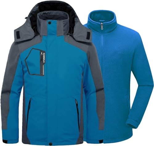 Kugnala Mens Winter Skiing Jacket 3 in 1 Waterproof Warm Snow Fleece Lining Coat Hooded Windproof Jacket Peacock Blue/Grey 2XL