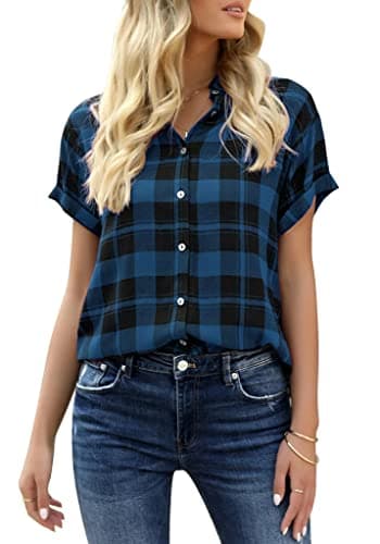 Veatzaer Women's Plaid Short Sleeve Button Down Shirt Casual Summer Blouses Tops Navy