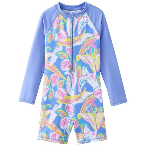 UMELOK Girls One Piece Swimsuit Long Sleeve Swimwear Blue Pink Flowers,8Y
