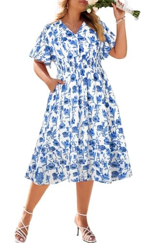 Hanna Nikole Women's Plus Size Boho Floral Maxi Dress Curvy Short Sleeve Shirred V Neck Floral Long Dress Blue Floral 26 Plus