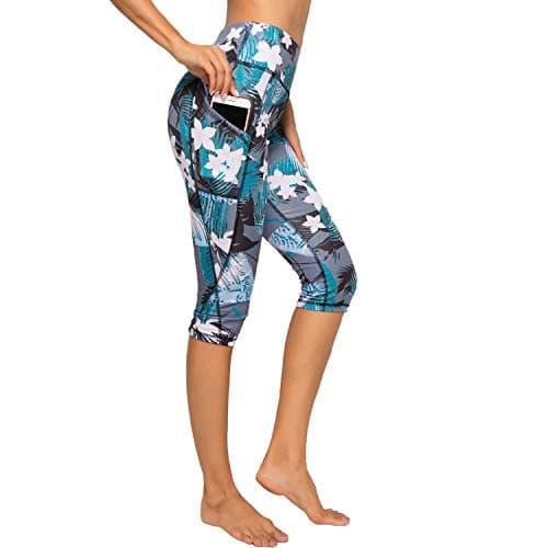 FITTOO Women Yoga Capri Leggings with Pockets Leaf Print XL