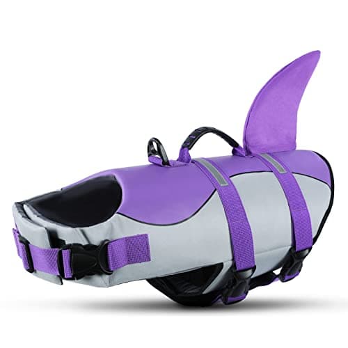 Queenmore Dog Shark Life Jacket with Rescue Handle - Adjustable Reflective Dog Life Preserver for Small Dogs, Purple