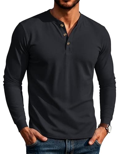 MAGCOMSEN Mens Henley Shirts Long Sleeve Casual Spring T-Shirt Soft Cotton Henley Long Sleeve T-Shirts Black