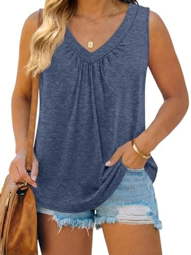 Beautife Women Plus Size V Neck Sleeveless Tank Tops Loose Fit Pleated Summer Casual Curved Hem Basic Shirts Navy Blue