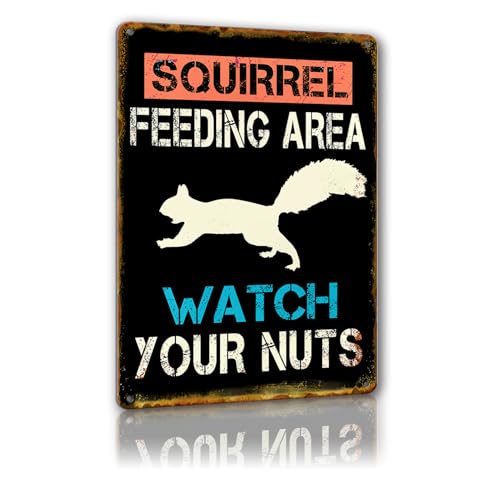 Funny Squirrel Metal Tin Signs Squirrel Feeding Area Watch Your Nuts Sign Squirrels Crossing Signs Gifts for Squirrels Lovers Yard Signs Decor 8x12 Inch