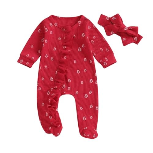 YINGISFITM My First Christmas Baby Girl Boy Outfit Zip Up Ruffle Footie Romper Jumpsuit Waffle Knit Onesie Xmas Santa Clothes (Christmas tree red, 6-12 Months)
