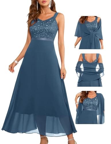 BeryLove Sequin Wedding Guest Prom Dress Formal Elegant Flowy Glitter Cocktail Special Occasion Evening Dresses Chiffon Long Bridesmaid Gowns 7079 Grey Blue XL