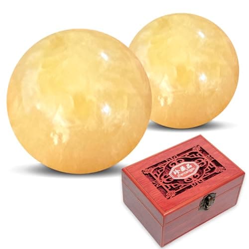 Hmsddan Marble Baoding Balls, Chinese Meditation Stress Relief Balls for Hand Therapy, Manual Massage Exercise with an Upgraded Shockproof Imitation Wood Box, 2 Count Beige, Medium-1.57"