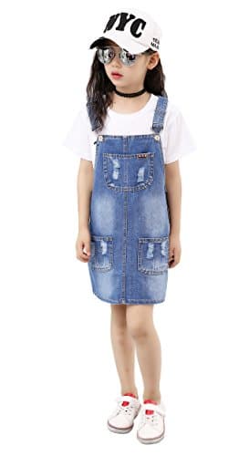 KIDSCOOL SPACE Little Girls Jean Overall Dress,Ripped Adjustable Denim Dungrees,Blue,5-6 Years