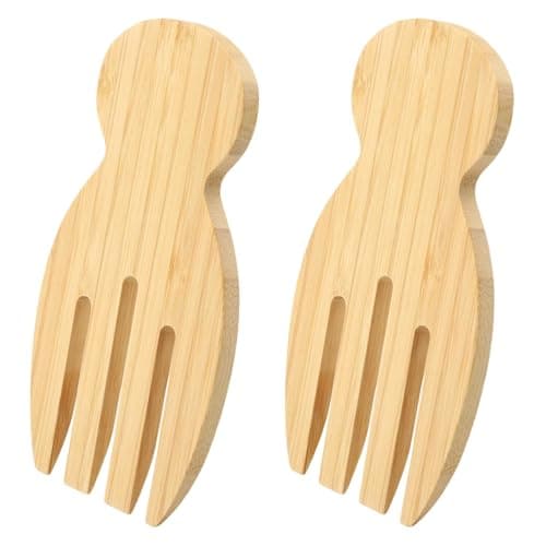 Bamboo Salad Tossers Set of 2, Natural Wooden Salad Servers with Thumb Hook, Ergonomic Serving Utensils for Mixing and Serving, Ideal Kitchen Gift Idea