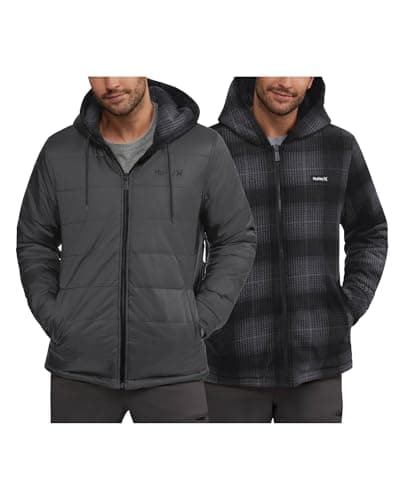 Hurley Mens Puffer Jacket - Quilted Nylon to Plaid Fleece Lined Reversible Puffer Jacket - Insulated Winter Jackets for Men, Size Small, Iron Grey