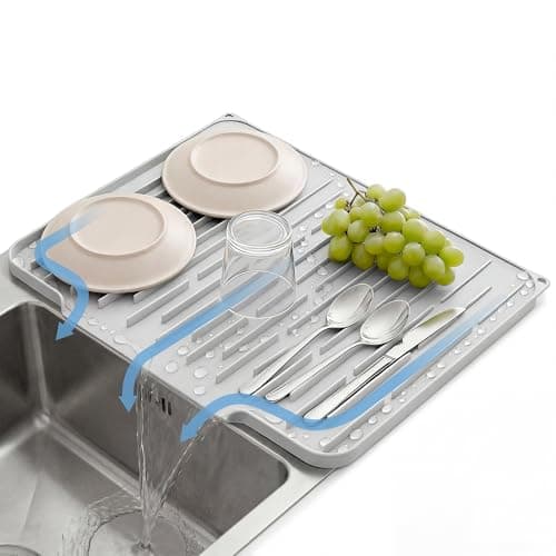 Foldable Silicone Dish Drying Mat for Kitchen Counter & Sink - Quick Dry, Space Saving, Non-Slip Pad for Small Apartments & Coffee Bar Light Grey