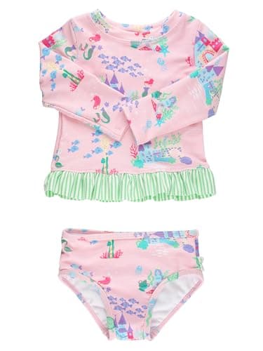 RuffleButts Baby/Toddler Girls Long Sleeve Rash Guard UPF50+ Sun Protected Bikini Swimsuit - Atlantis Mermaids, 4T
