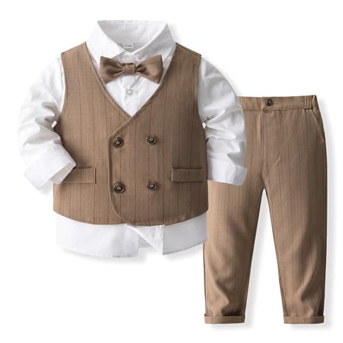 Kimocat Baby Boy Clothes Outfit Suit Long Sleeve Gentleman Tuxedo Vest Wedding Birthday Party Suit Light Brown