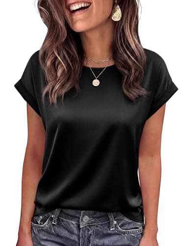BTFBM Summer Tops for Women 2026 Dressy Satin Blouses Loose Crew Neck Short Sleeve Shirts Work Business Casual Outfits(Black, X-Large)